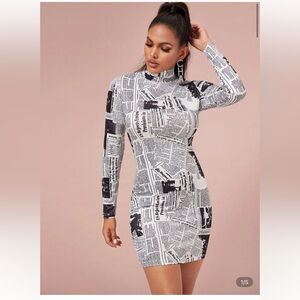 Fashion Nova Black and White newspaper print mini Sleeve Bodycon Dress